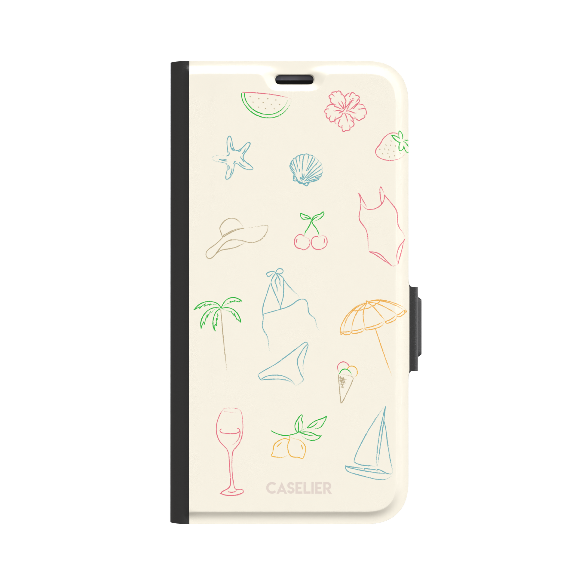Summer Vibes phone case with multicolor pastel line-art doodles of beach icons including bikini, palm tree, sailboat and cherries on a cream background, phone case by Caselier — wallet case, front view