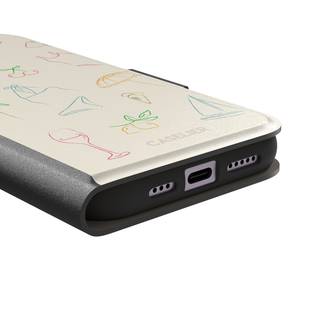 Summer Vibes phone case with multicolor pastel line-art doodles of beach icons including bikini, palm tree, sailboat and cherries on a cream background, phone case by Caselier — wallet case, charging port detail