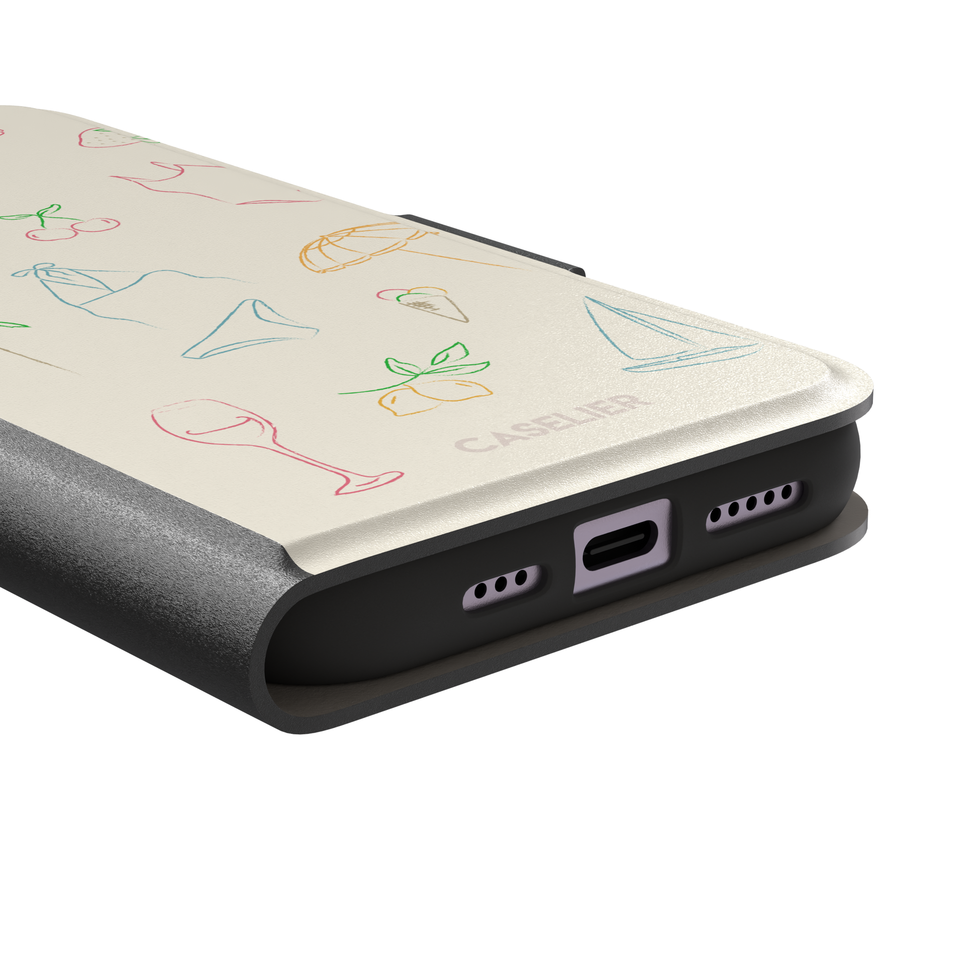 Summer Vibes phone case with multicolor pastel line-art doodles of beach icons including bikini, palm tree, sailboat and cherries on a cream background, phone case by Caselier — wallet case, charging port detail
