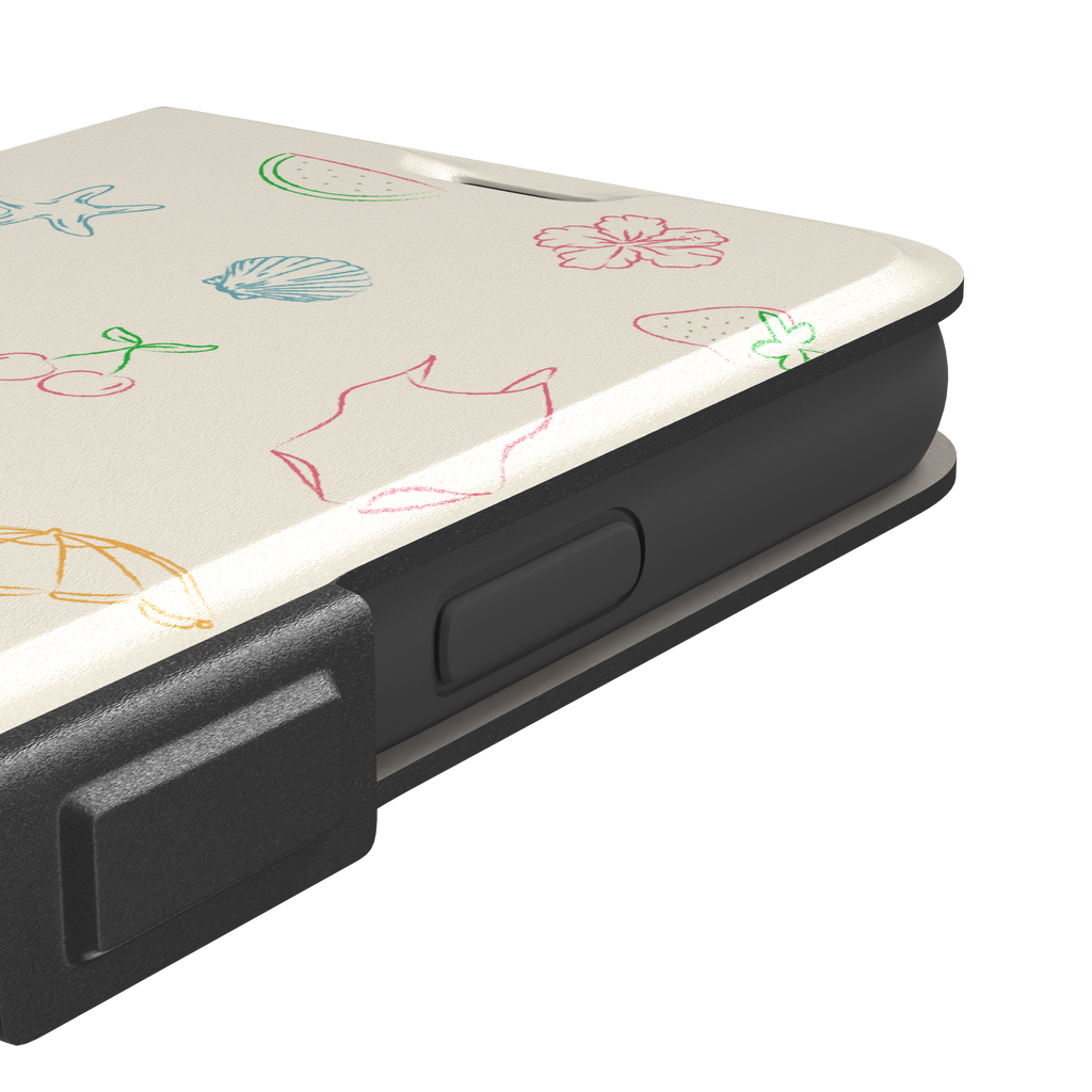 Summer Vibes phone case with multicolor pastel line-art doodles of beach icons including bikini, palm tree, sailboat and cherries on a cream background, phone case by Caselier — wallet case, volume buttons detail
