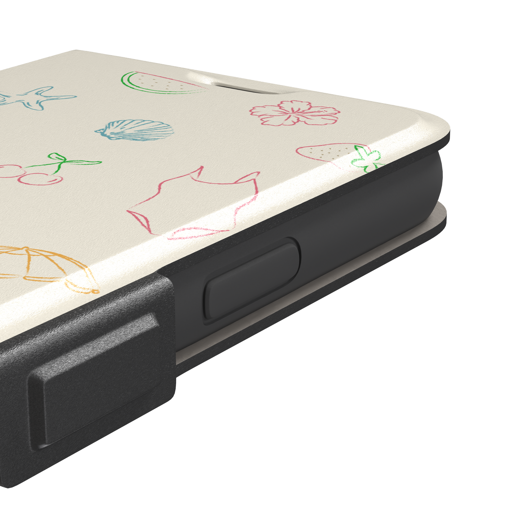 Summer Vibes phone case with multicolor pastel line-art doodles of beach icons including bikini, palm tree, sailboat and cherries on a cream background, phone case by Caselier — wallet case, volume buttons detail
