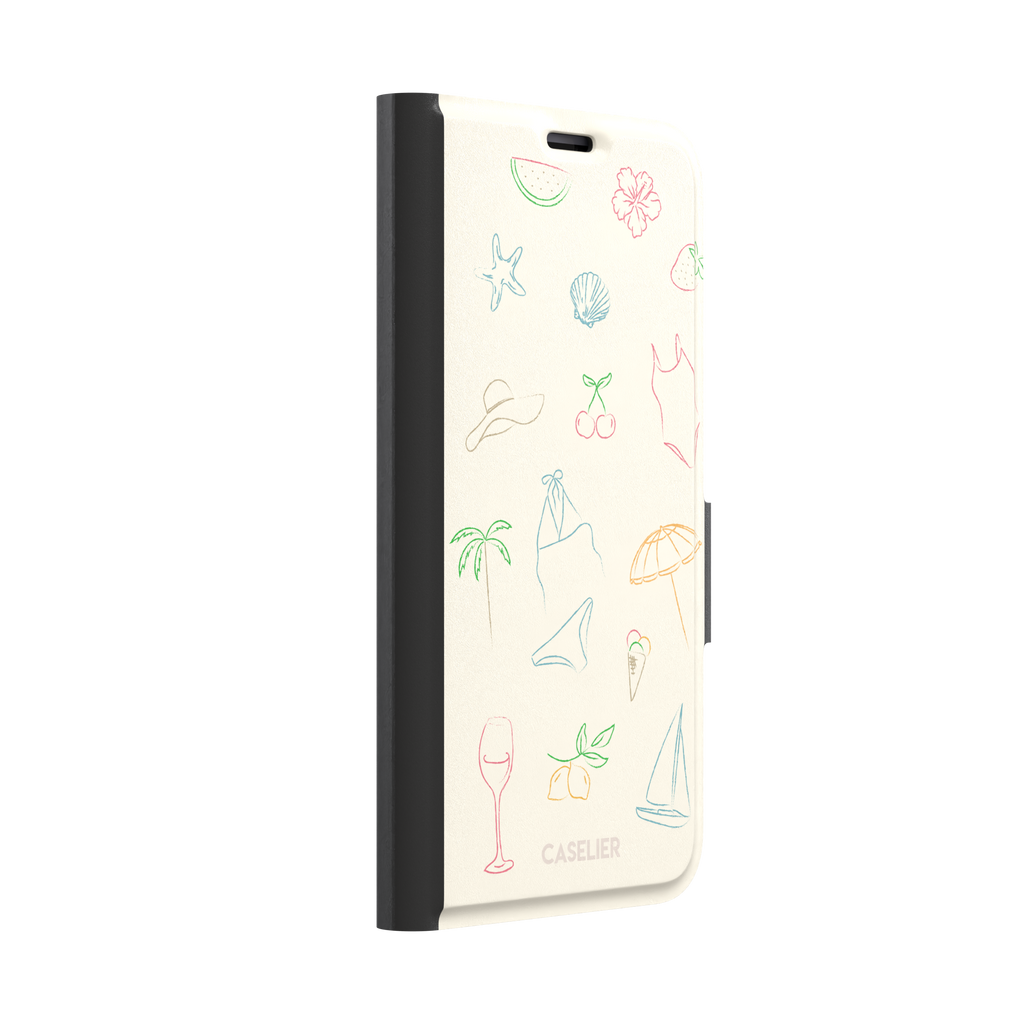 Summer Vibes phone case with multicolor pastel line-art doodles of beach icons including bikini, palm tree, sailboat and cherries on a cream background, phone case by Caselier — wallet case, left view