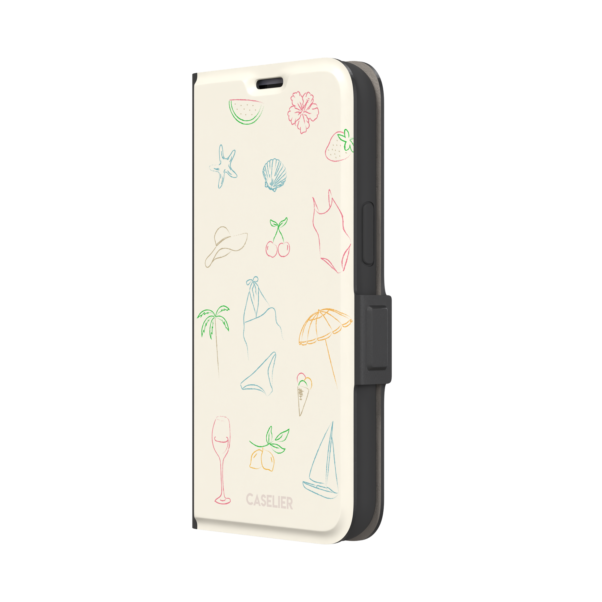 Summer Vibes phone case with multicolor pastel line-art doodles of beach icons including bikini, palm tree, sailboat and cherries on a cream background, phone case by Caselier — wallet case, right view