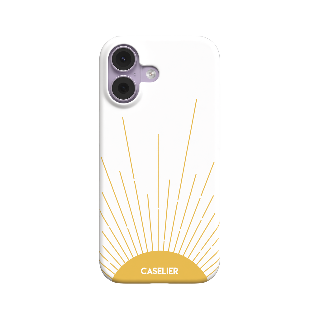 Sun phone case featuring a golden rising sun with radiating line art on a white background, Memories of Summer collection, phone case by Caselier — snap case, front view