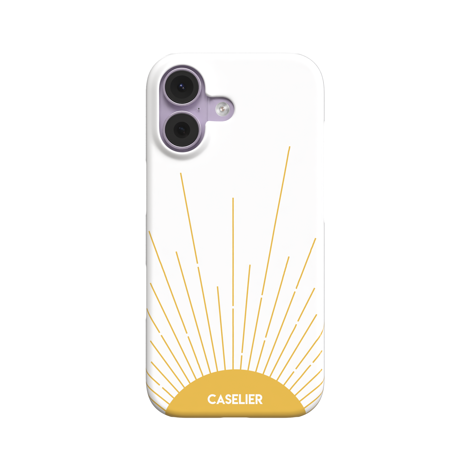 Sun phone case featuring a golden rising sun with radiating line art on a white background, Memories of Summer collection, phone case by Caselier — snap case, front view
