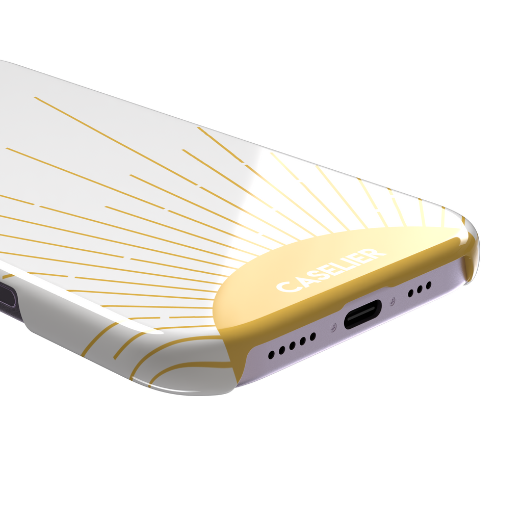 Sun phone case featuring a golden rising sun with radiating line art on a white background, Memories of Summer collection, phone case by Caselier — snap case, charging port detail