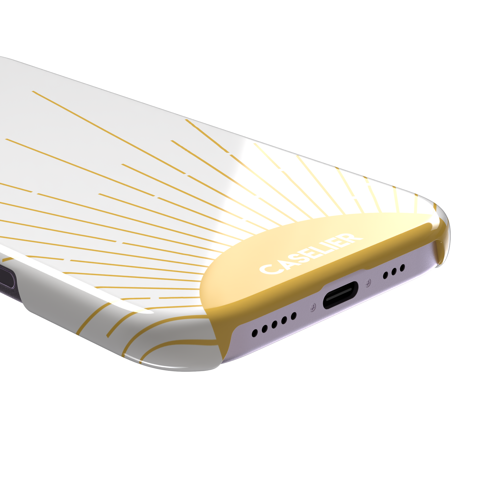 Sun phone case featuring a golden rising sun with radiating line art on a white background, Memories of Summer collection, phone case by Caselier — snap case, charging port detail