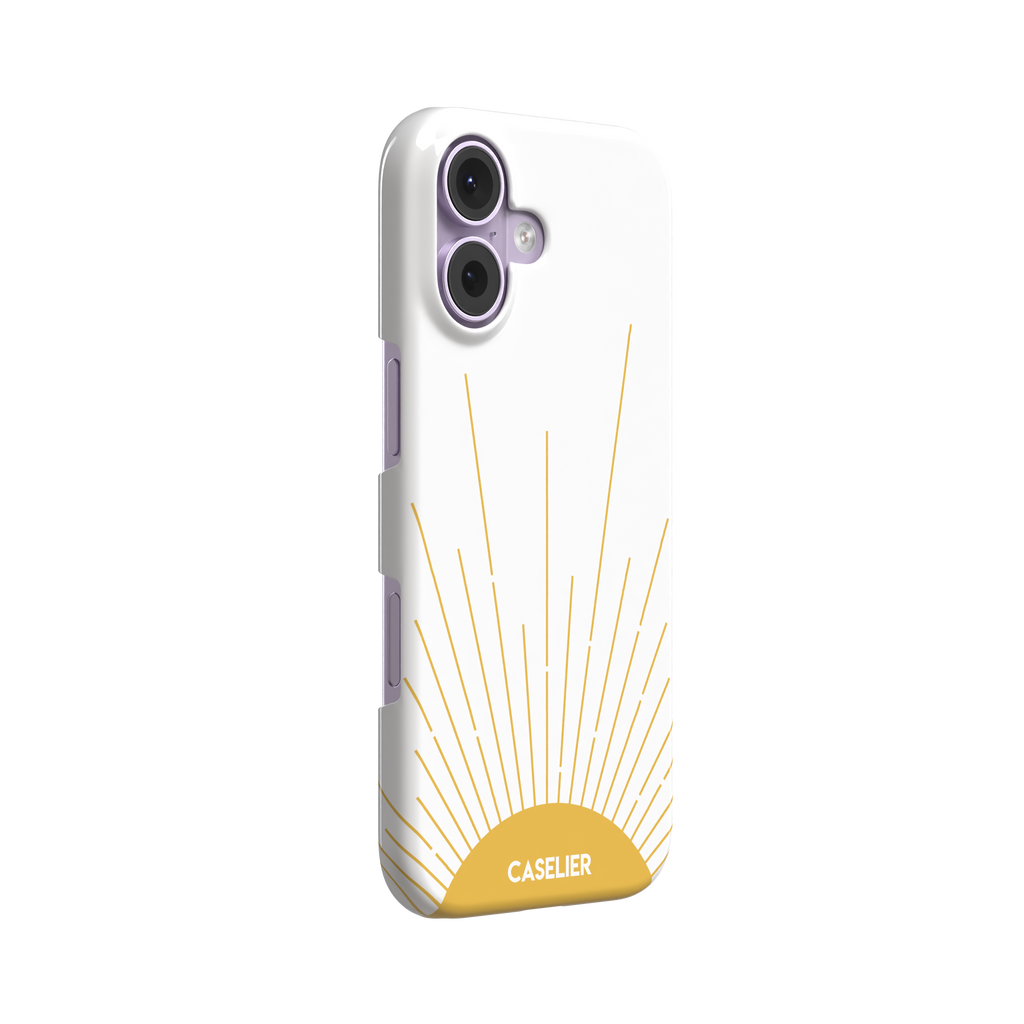 Sun phone case featuring a golden rising sun with radiating line art on a white background, Memories of Summer collection, phone case by Caselier — snap case, left view