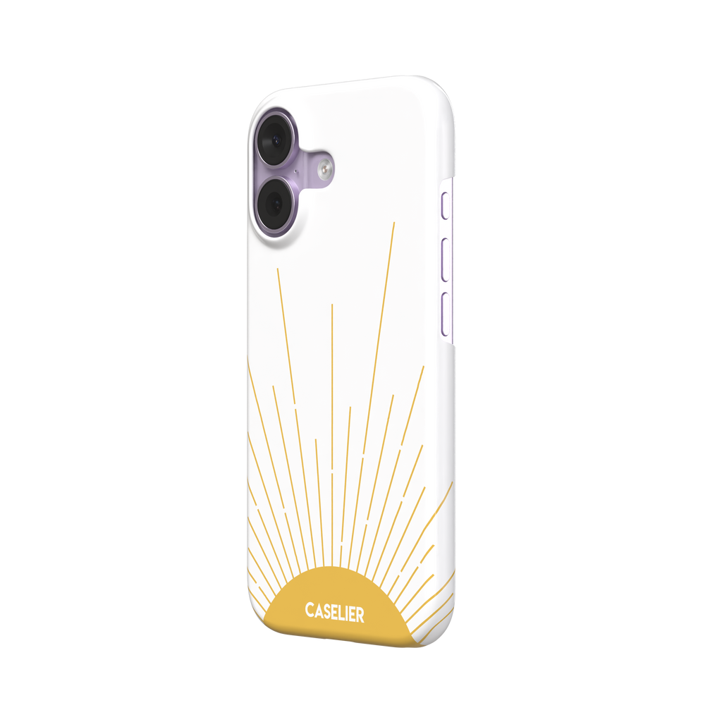 Sun phone case featuring a golden rising sun with radiating line art on a white background, Memories of Summer collection, phone case by Caselier — snap case, right view