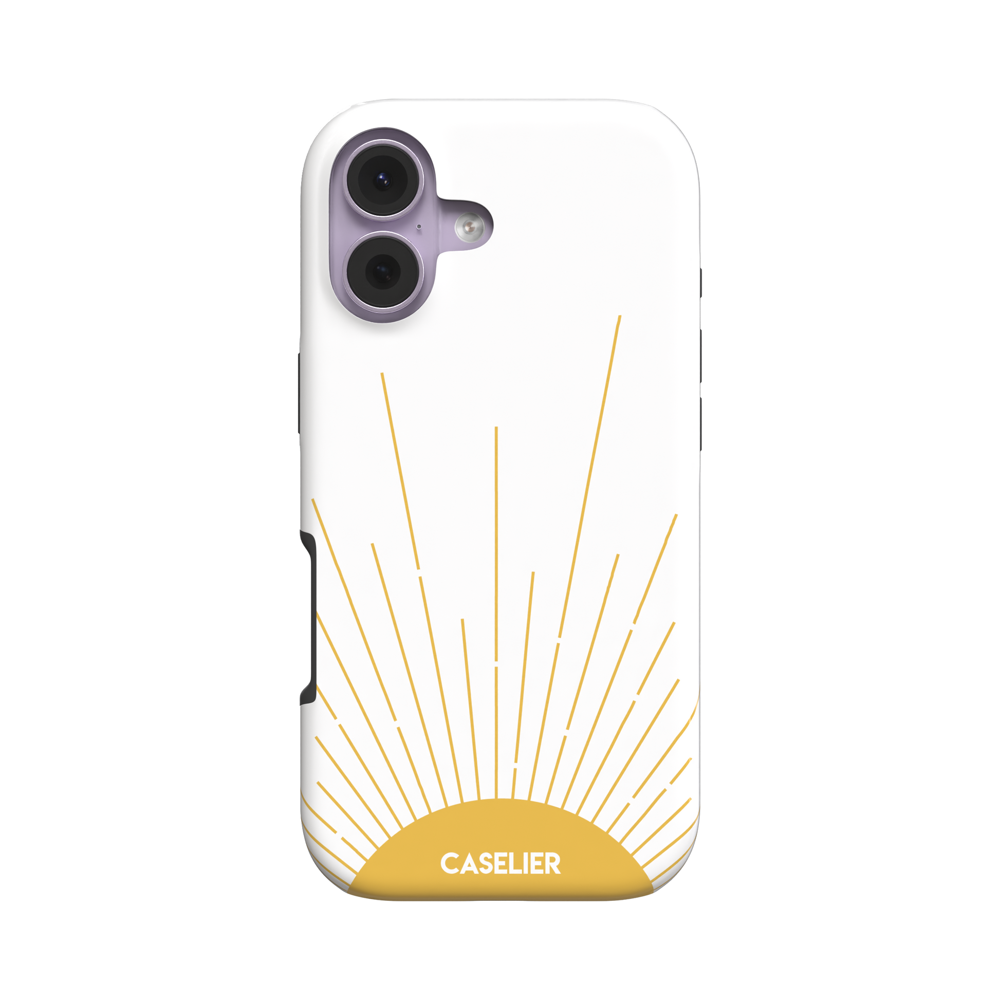 Sun phone case featuring a golden rising sun with radiating line art on a white background, Memories of Summer collection, phone case by Caselier — tough case, front view