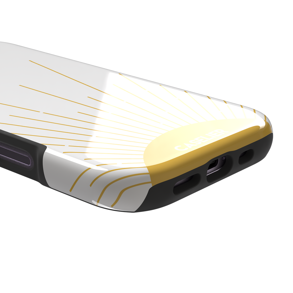 Sun phone case featuring a golden rising sun with radiating line art on a white background, Memories of Summer collection, phone case by Caselier — tough case, charging port detail