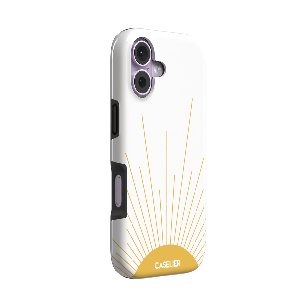 Sun phone case featuring a golden rising sun with radiating line art on a white background, Memories of Summer collection, phone case by Caselier — tough case, left view