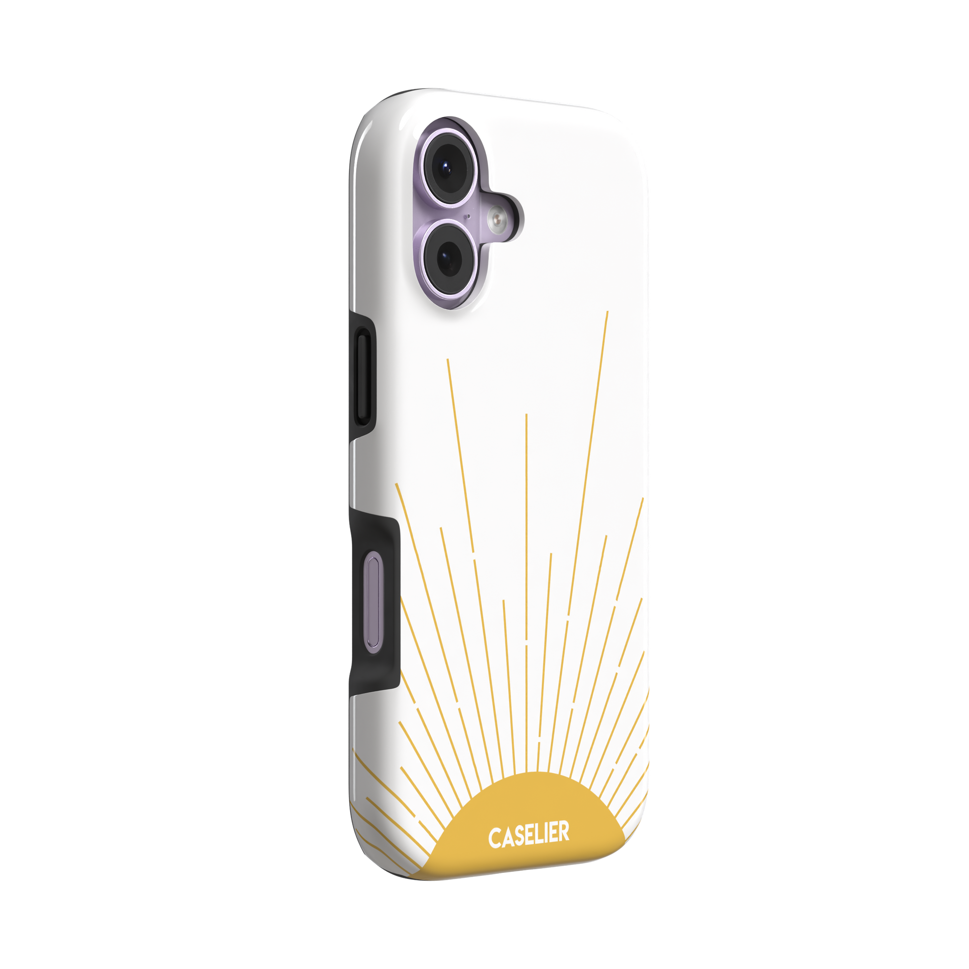 Sun phone case featuring a golden rising sun with radiating line art on a white background, Memories of Summer collection, phone case by Caselier — tough case, left view