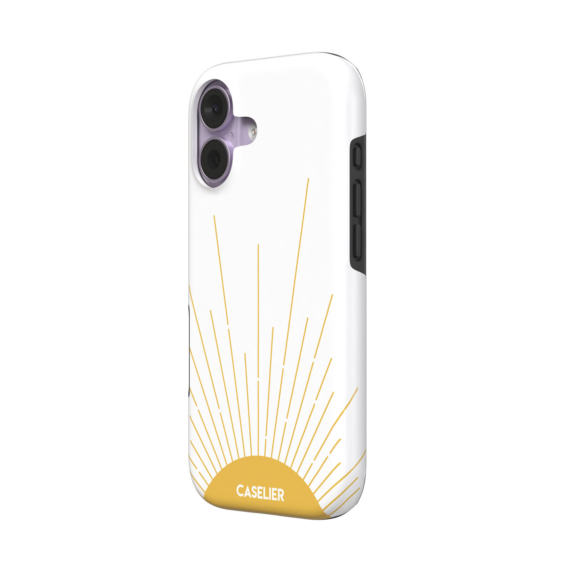 Sun phone case featuring a golden rising sun with radiating line art on a white background, Memories of Summer collection, phone case by Caselier — tough case, right view