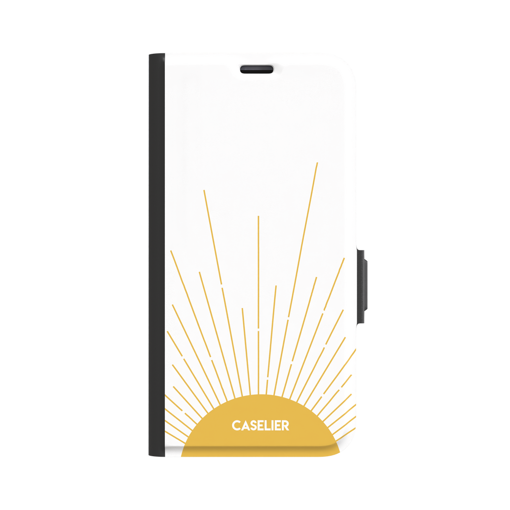 Sun phone case featuring a golden rising sun with radiating line art on a white background, Memories of Summer collection, phone case by Caselier — wallet case, front view