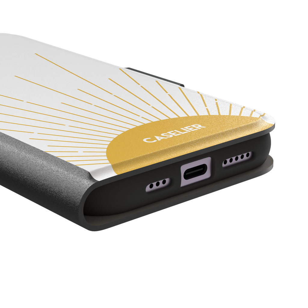 Sun phone case featuring a golden rising sun with radiating line art on a white background, Memories of Summer collection, phone case by Caselier — wallet case, charging port detail