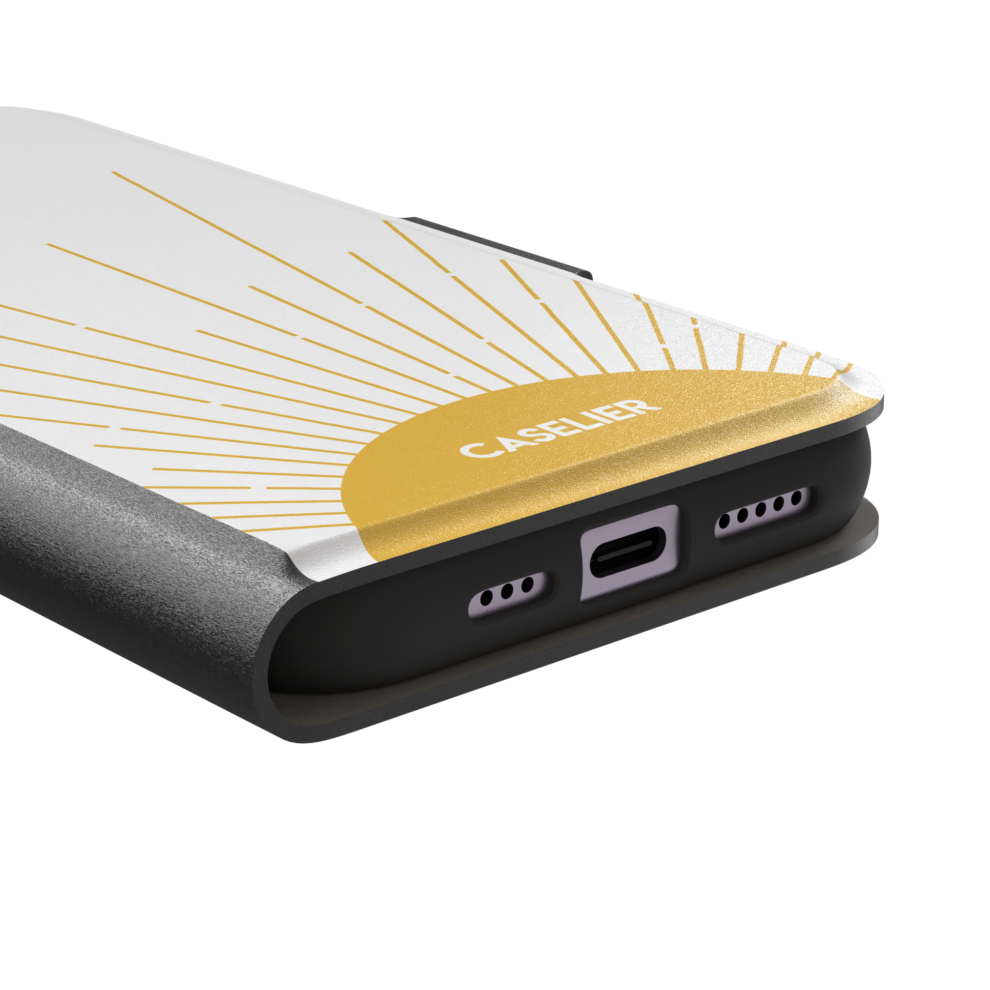 Sun phone case featuring a golden rising sun with radiating line art on a white background, Memories of Summer collection, phone case by Caselier — wallet case, charging port detail
