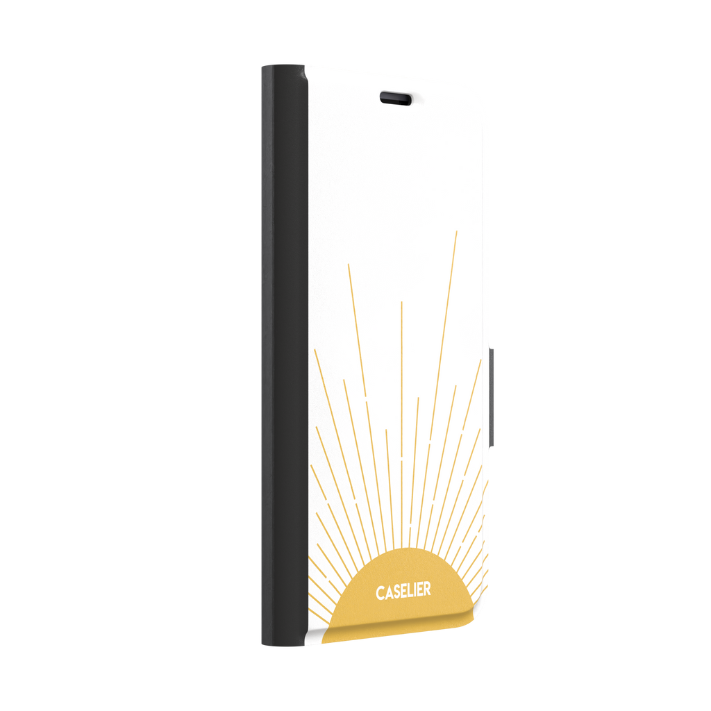 Sun phone case featuring a golden rising sun with radiating line art on a white background, Memories of Summer collection, phone case by Caselier — wallet case, left view
