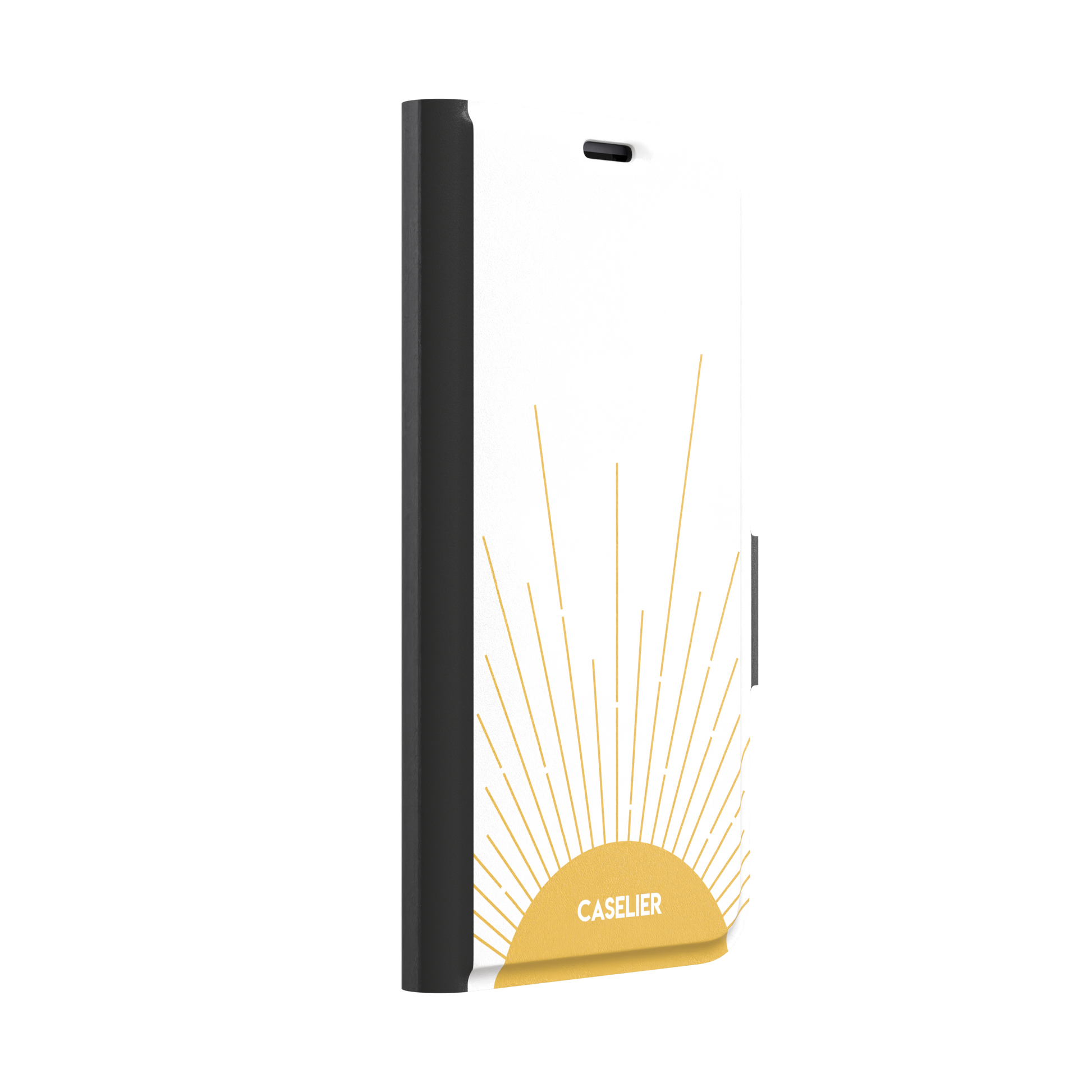 Sun phone case featuring a golden rising sun with radiating line art on a white background, Memories of Summer collection, phone case by Caselier — wallet case, left view