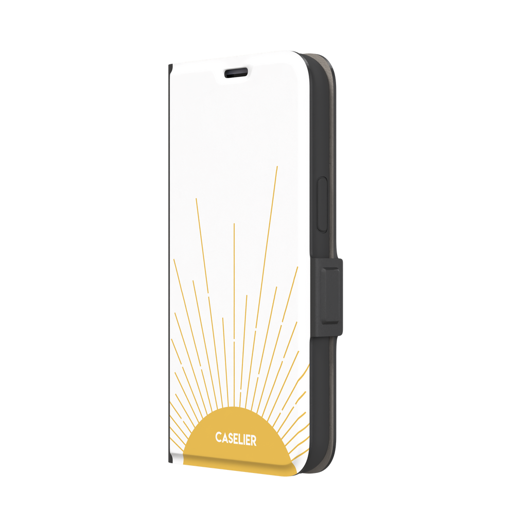 Sun phone case featuring a golden rising sun with radiating line art on a white background, Memories of Summer collection, phone case by Caselier — wallet case, right view