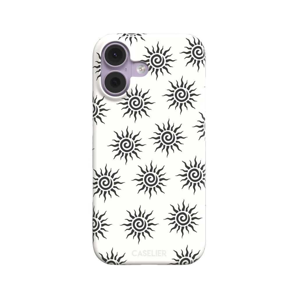 Sunkissed phone case in black and white with repeating tribal spiral sun pattern on a crisp white background, phone case by Caselier — snap case, front view
