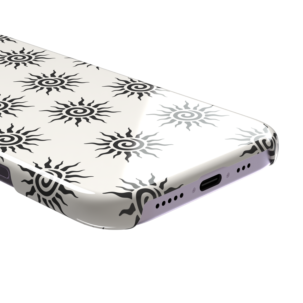 Sunkissed phone case in black and white with repeating tribal spiral sun pattern on a crisp white background, phone case by Caselier — snap case, charging port detail