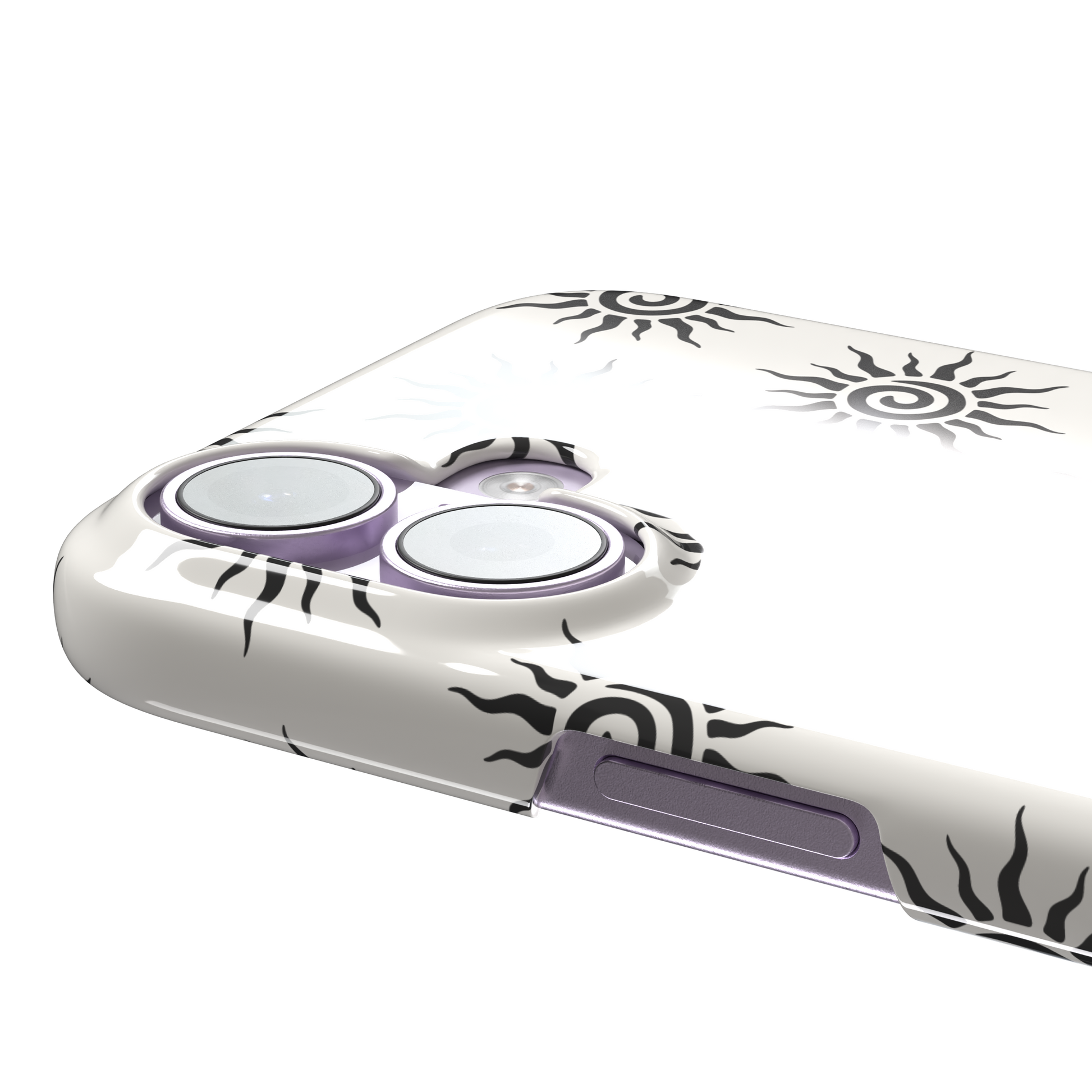Sunkissed phone case in black and white with repeating tribal spiral sun pattern on a crisp white background, phone case by Caselier — snap case, volume buttons detail