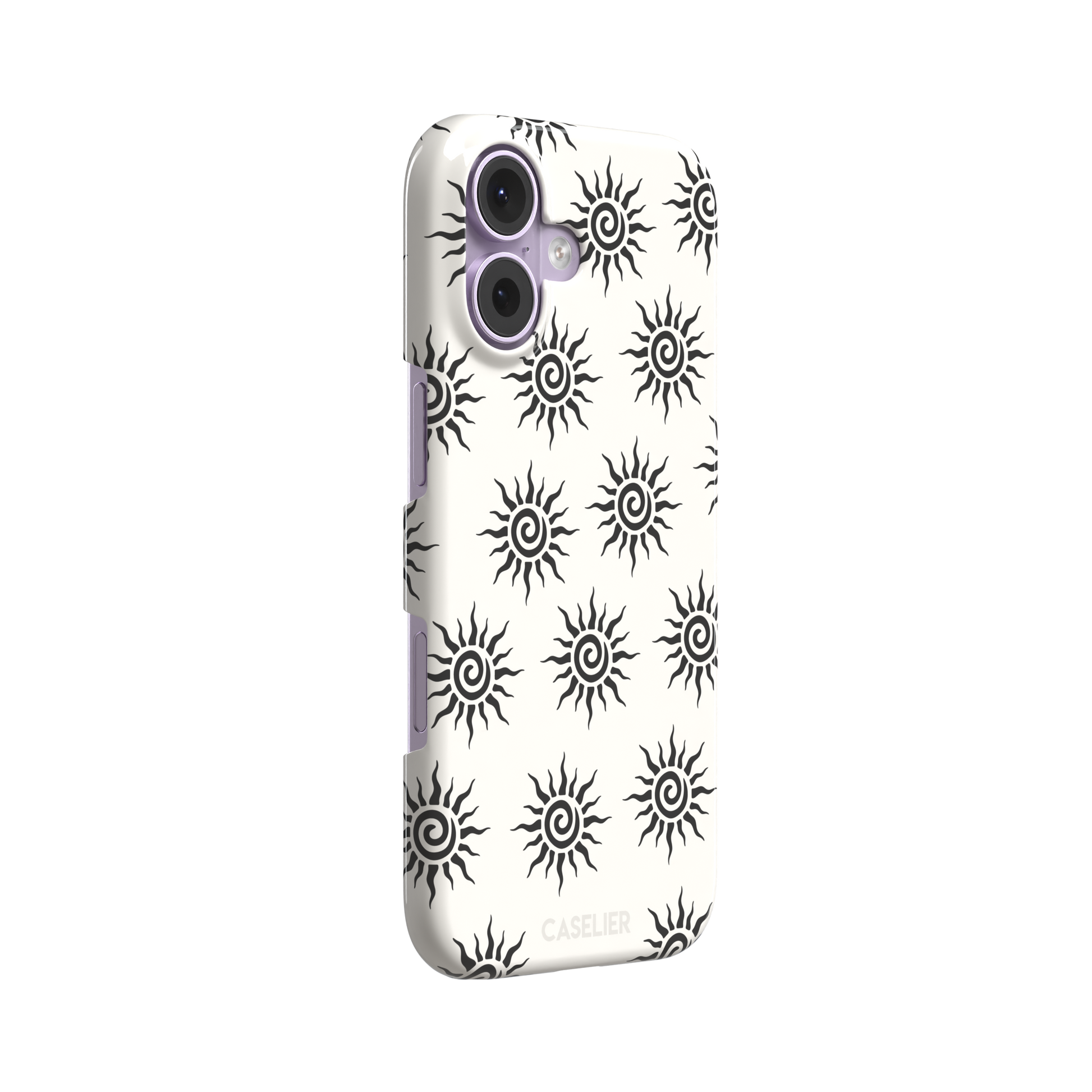 Sunkissed phone case in black and white with repeating tribal spiral sun pattern on a crisp white background, phone case by Caselier — snap case, left view