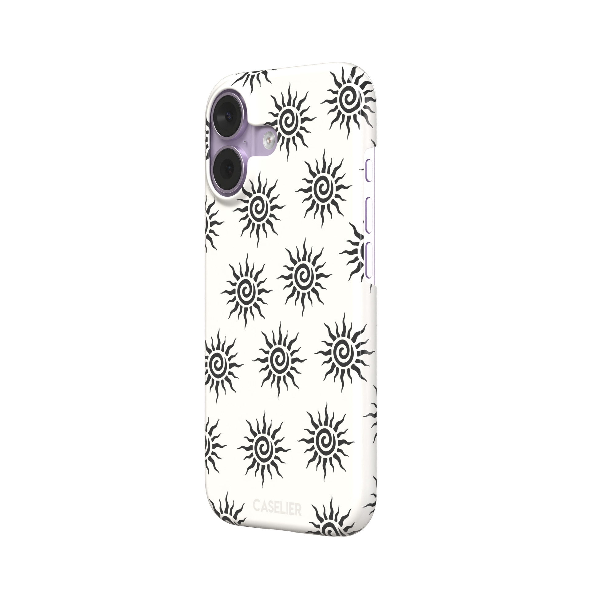 Sunkissed phone case in black and white with repeating tribal spiral sun pattern on a crisp white background, phone case by Caselier — snap case, right view