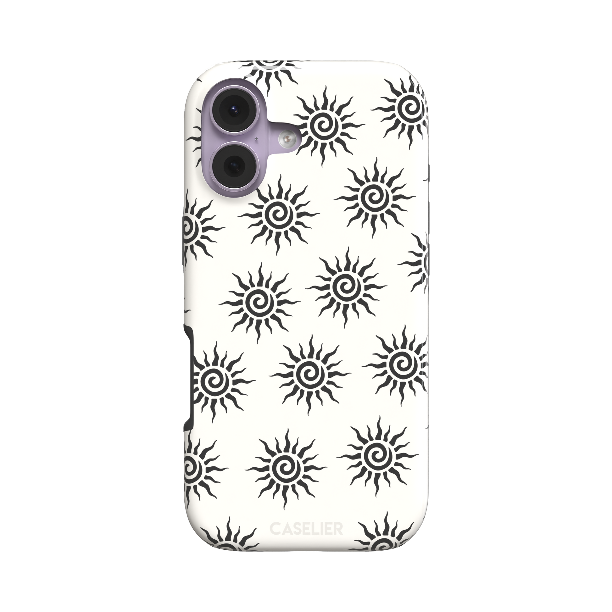 Sunkissed phone case in black and white with repeating tribal spiral sun pattern on a crisp white background, phone case by Caselier — tough case, front view