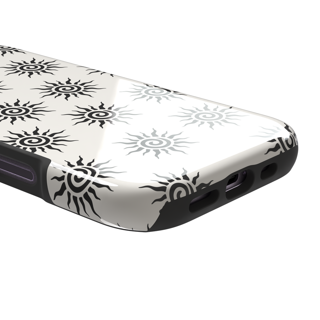 Sunkissed phone case in black and white with repeating tribal spiral sun pattern on a crisp white background, phone case by Caselier — tough case, charging port detail