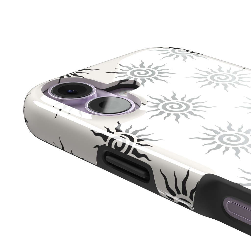 Sunkissed phone case in black and white with repeating tribal spiral sun pattern on a crisp white background, phone case by Caselier — tough case, volume buttons detail