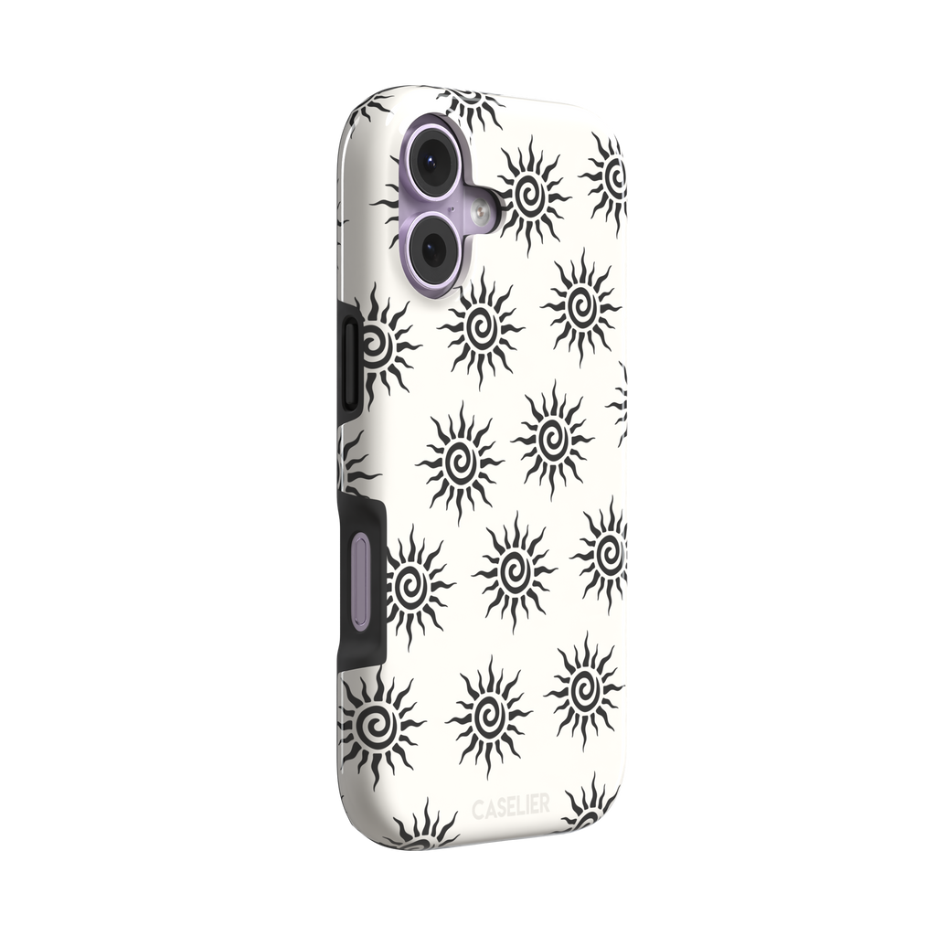 Sunkissed phone case in black and white with repeating tribal spiral sun pattern on a crisp white background, phone case by Caselier — tough case, left view