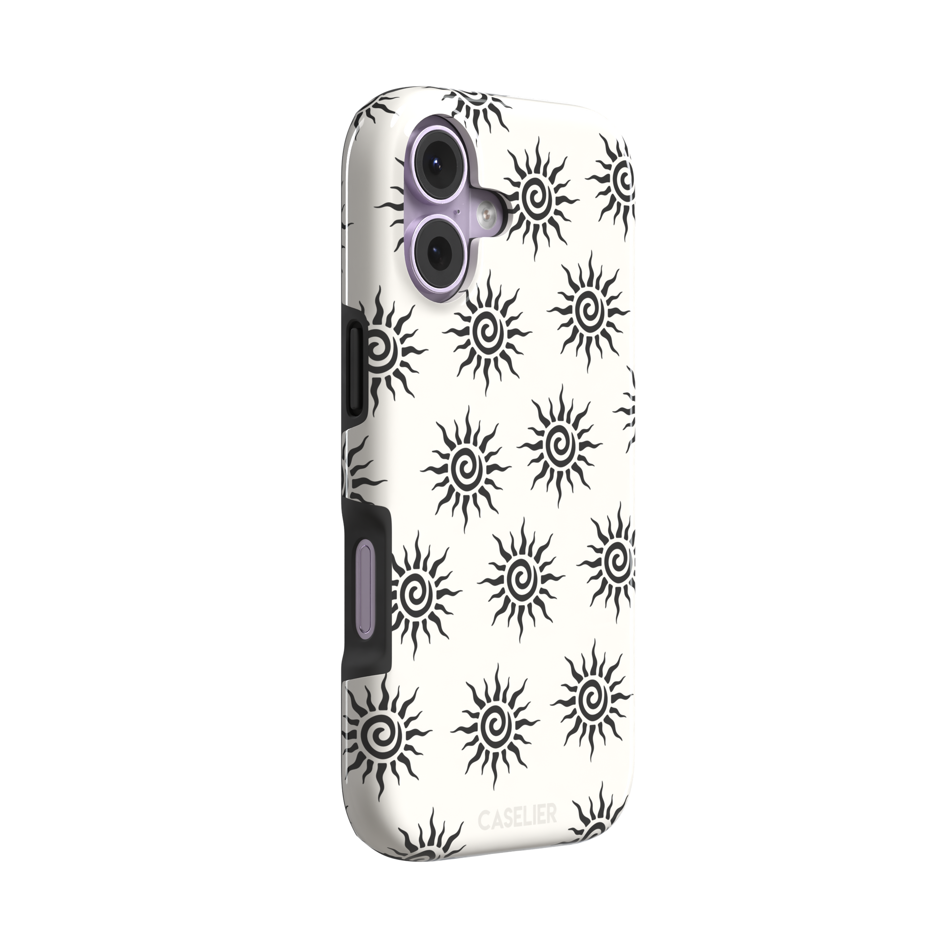 Sunkissed phone case in black and white with repeating tribal spiral sun pattern on a crisp white background, phone case by Caselier — tough case, left view