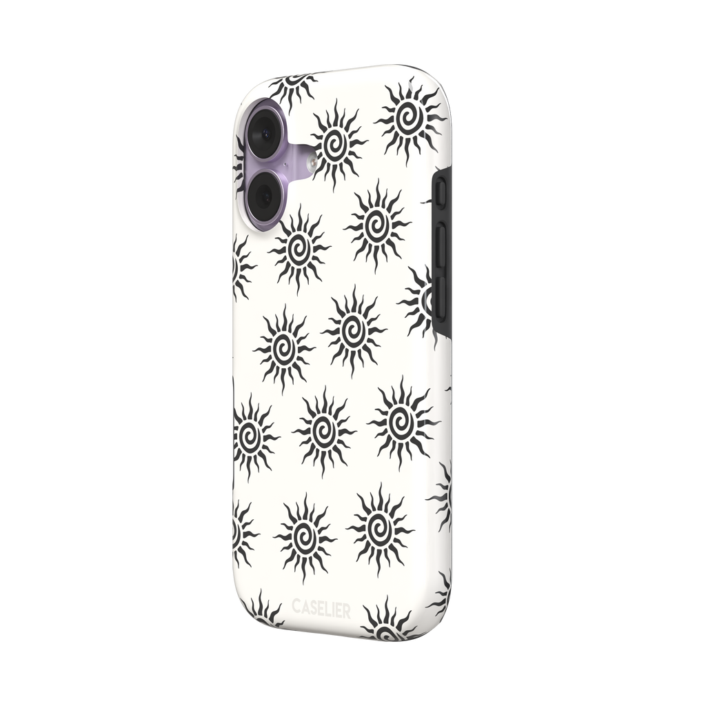 Sunkissed phone case in black and white with repeating tribal spiral sun pattern on a crisp white background, phone case by Caselier — tough case, right view