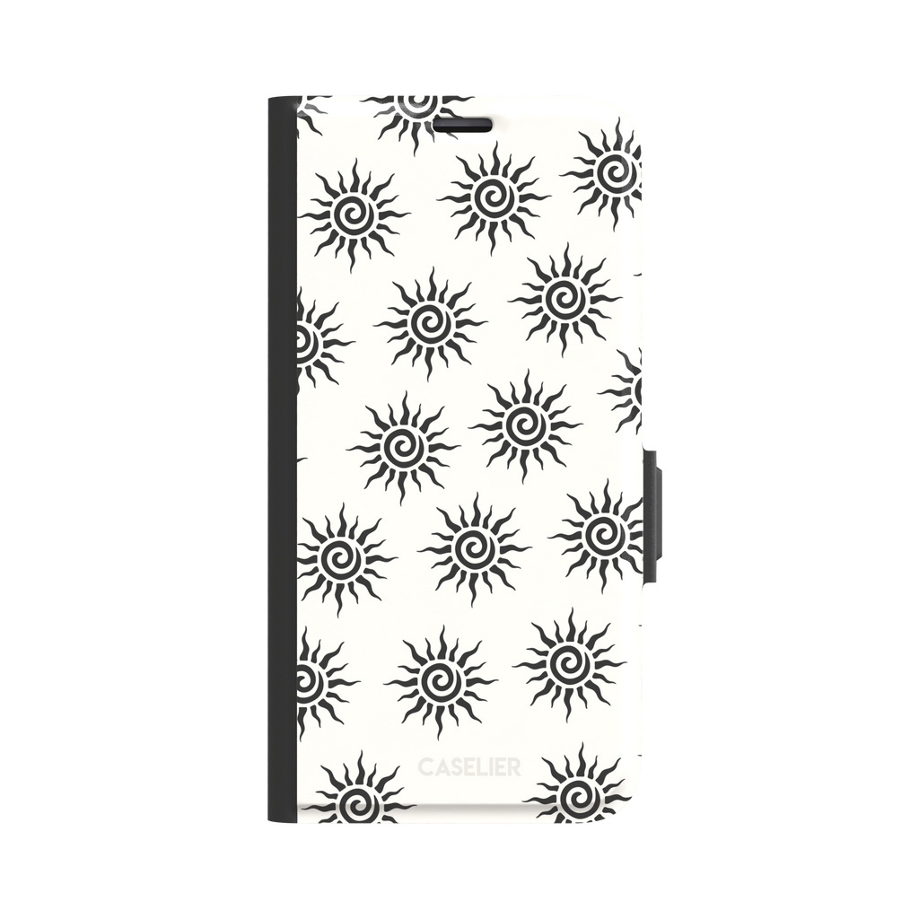 Sunkissed phone case in black and white with repeating tribal spiral sun pattern on a crisp white background, phone case by Caselier — wallet case, front view