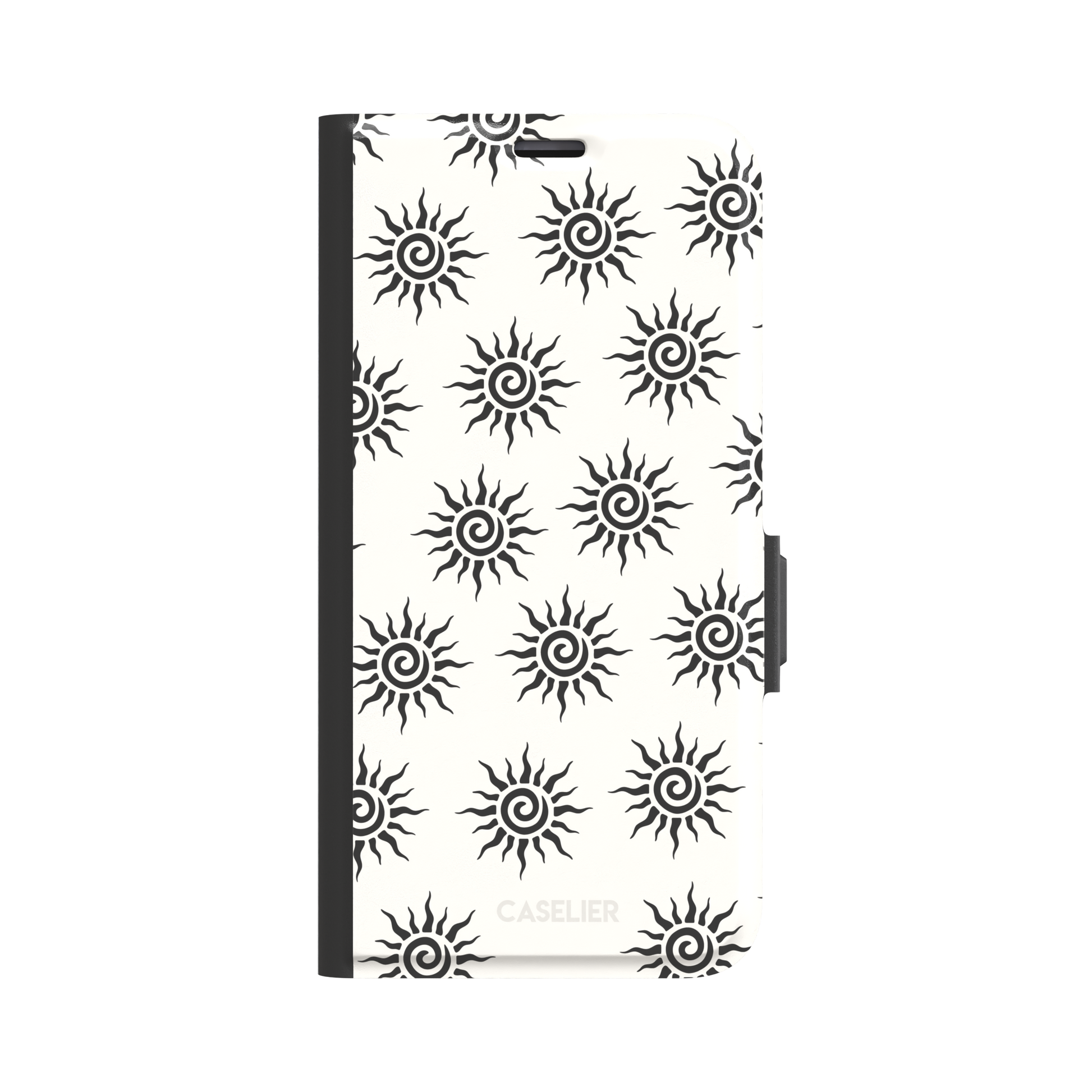 Sunkissed phone case in black and white with repeating tribal spiral sun pattern on a crisp white background, phone case by Caselier — wallet case, front view