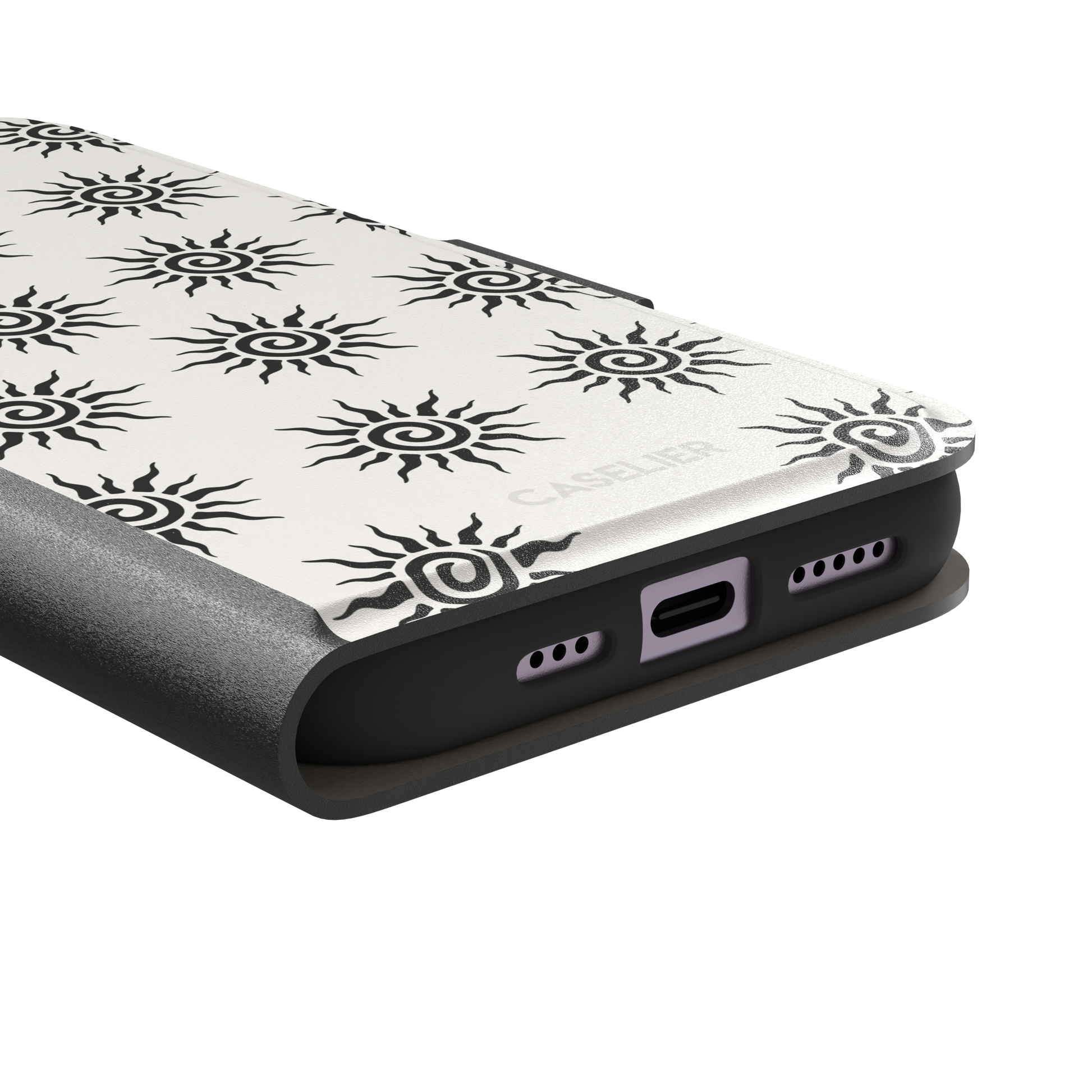 Sunkissed phone case in black and white with repeating tribal spiral sun pattern on a crisp white background, phone case by Caselier — wallet case, charging port detail