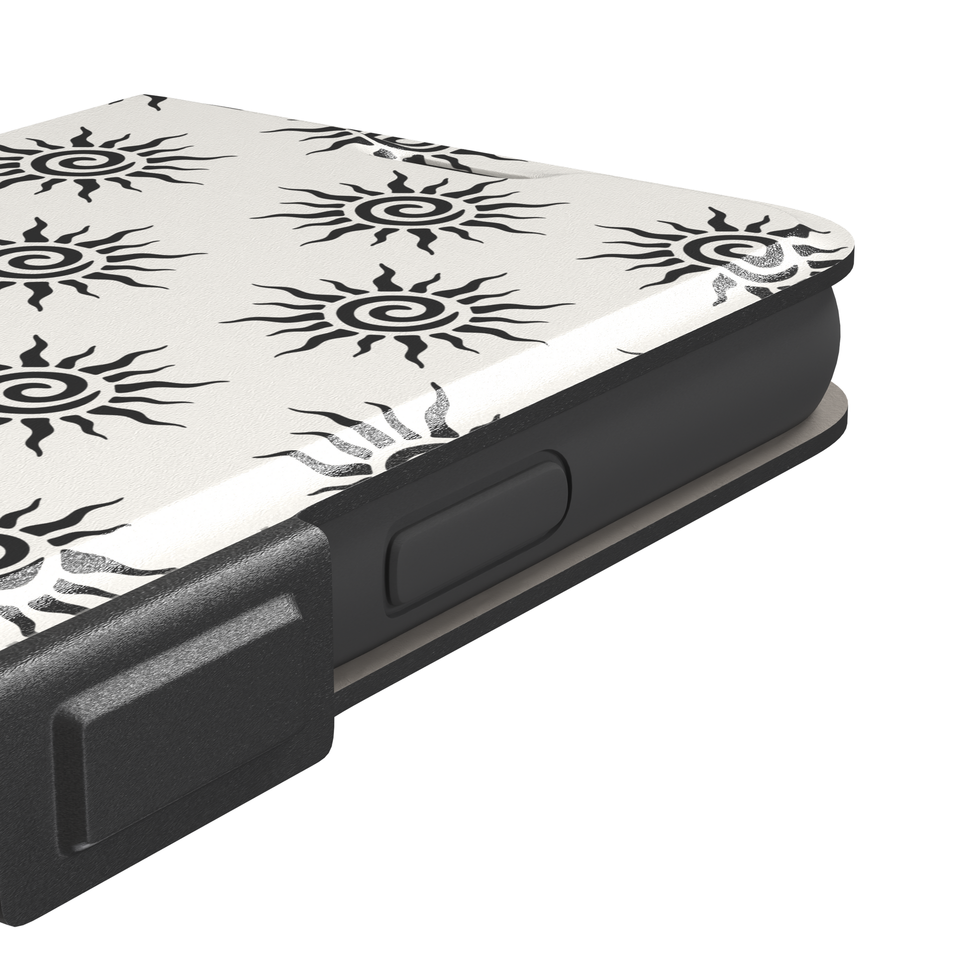 Sunkissed phone case in black and white with repeating tribal spiral sun pattern on a crisp white background, phone case by Caselier — wallet case, volume buttons detail