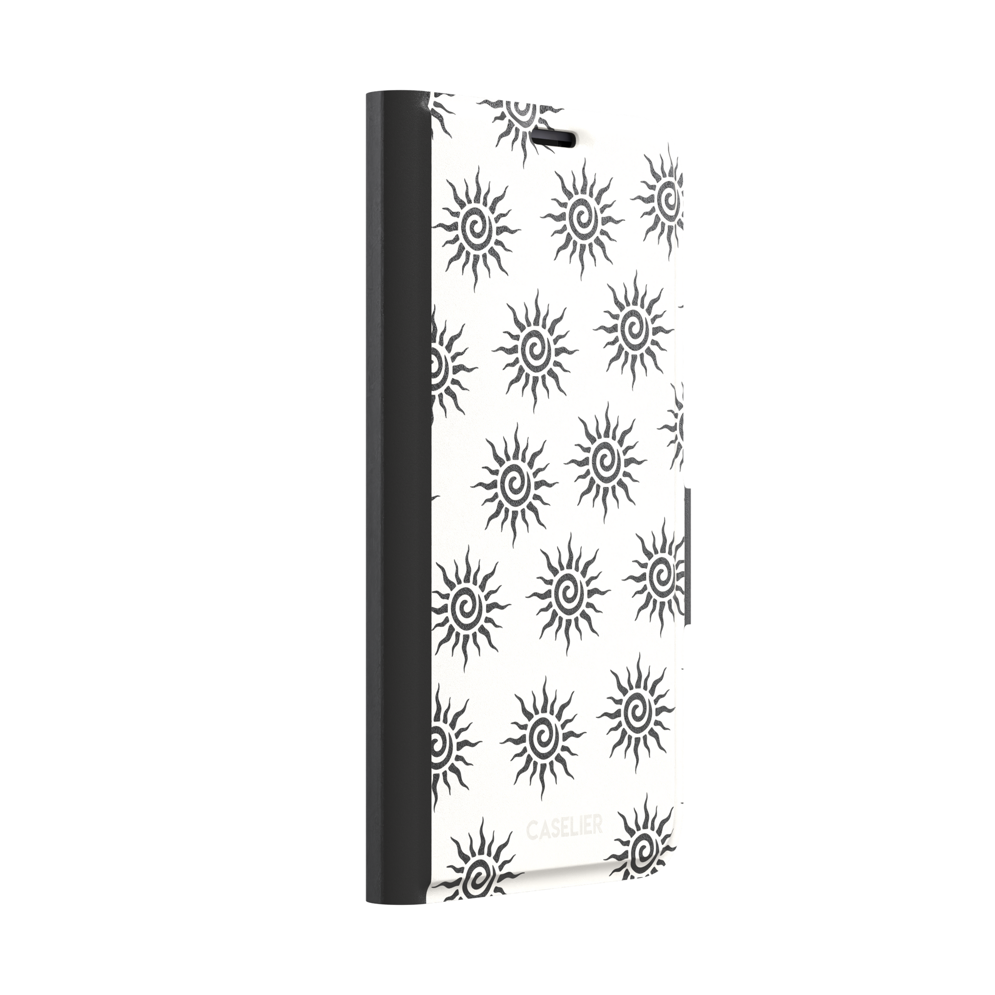 Sunkissed phone case in black and white with repeating tribal spiral sun pattern on a crisp white background, phone case by Caselier — wallet case, left view