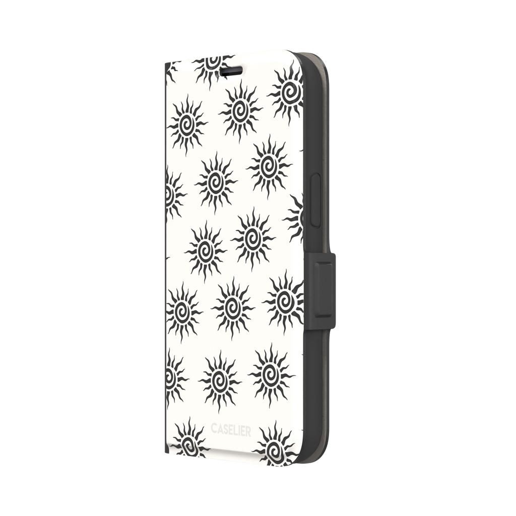 Sunkissed phone case in black and white with repeating tribal spiral sun pattern on a crisp white background, phone case by Caselier — wallet case, right view