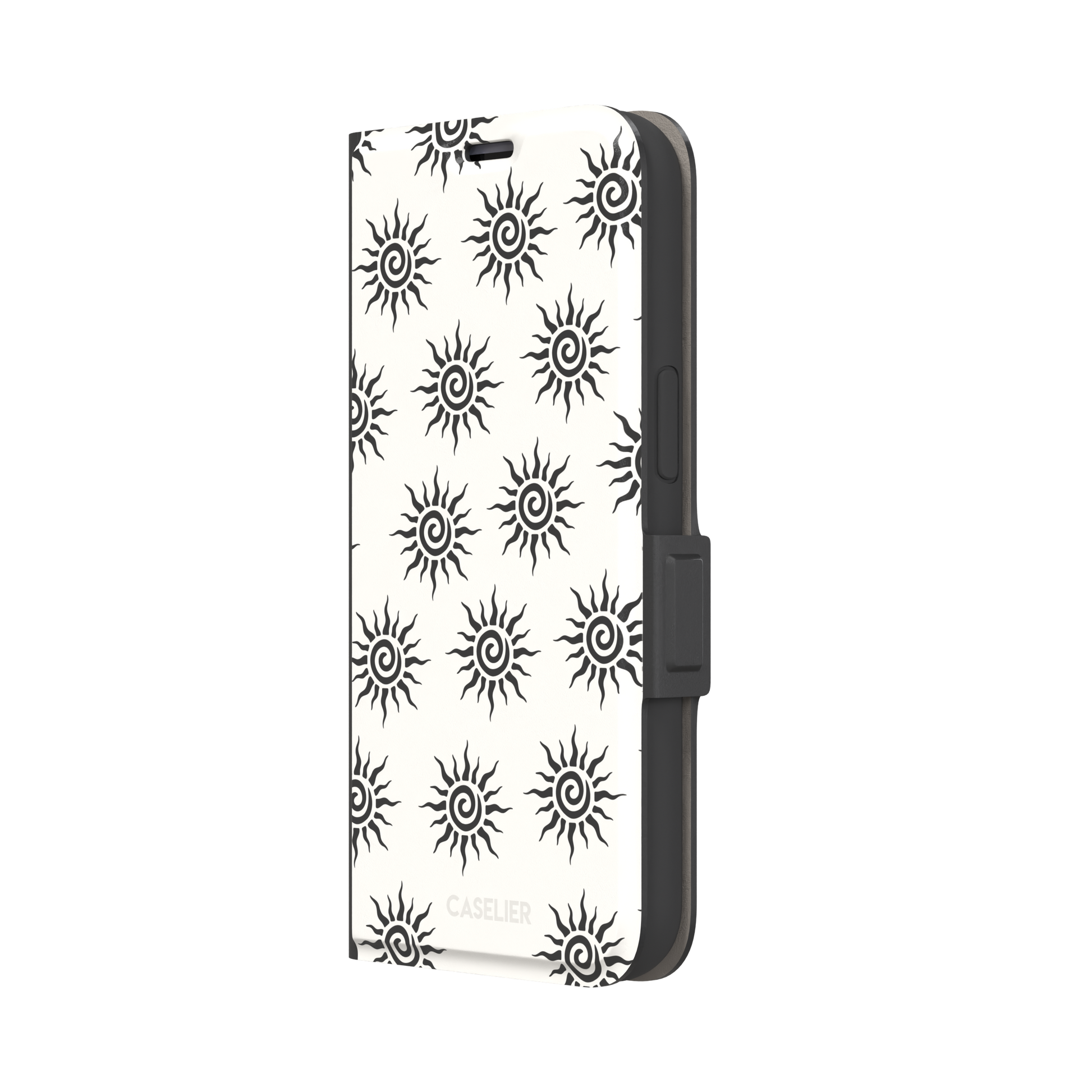Sunkissed phone case in black and white with repeating tribal spiral sun pattern on a crisp white background, phone case by Caselier — wallet case, right view