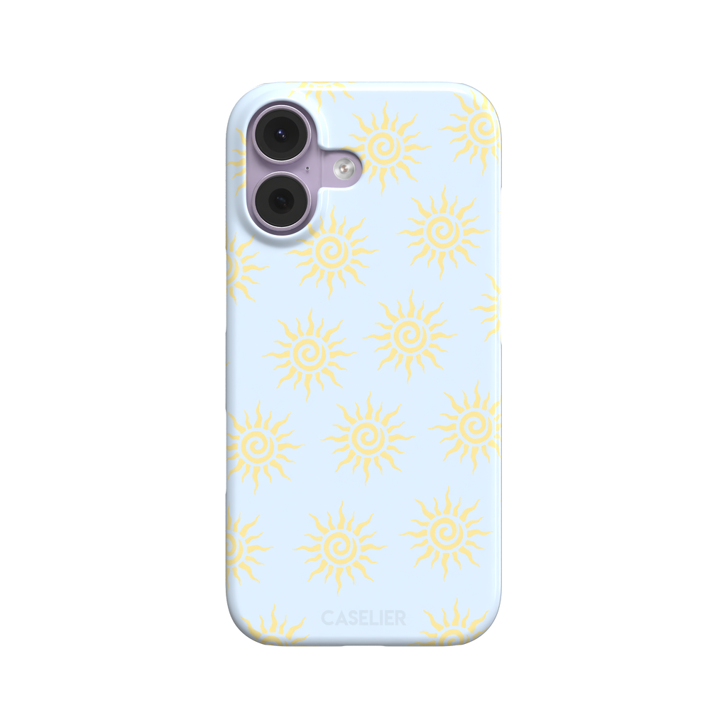 Sunkissed phone case color variant with golden yellow tribal spiral suns on a soft powder blue background, phone case by Caselier — snap case, front view