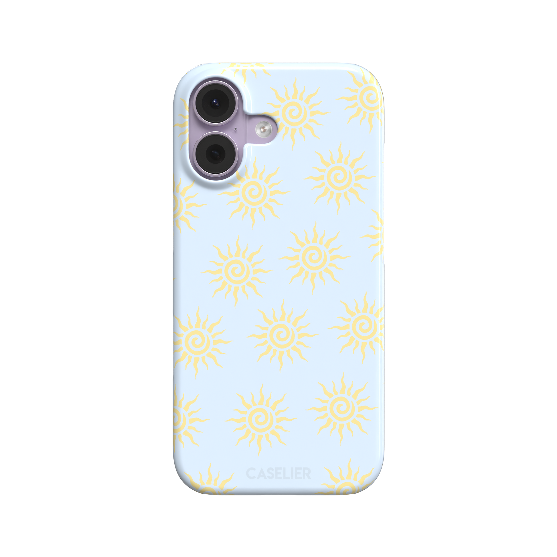 Sunkissed phone case color variant with golden yellow tribal spiral suns on a soft powder blue background, phone case by Caselier — snap case, front view