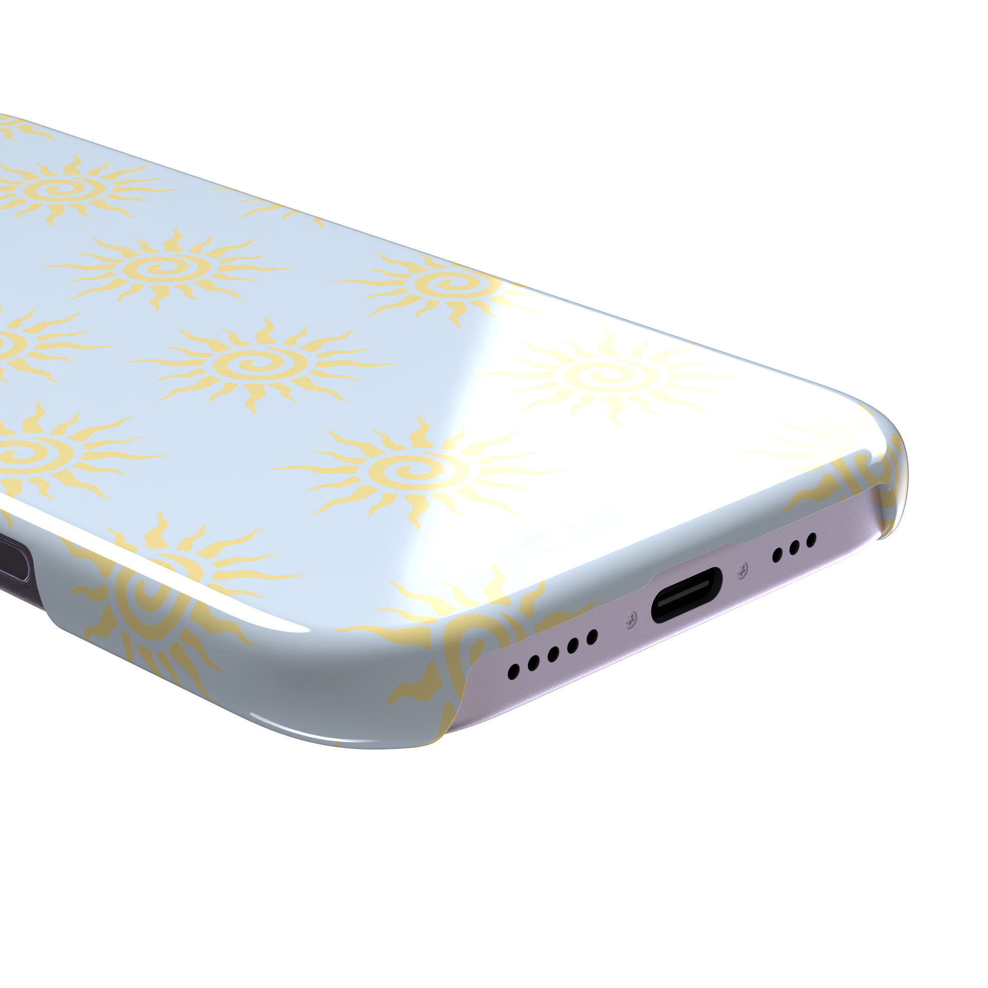 Sunkissed phone case color variant with golden yellow tribal spiral suns on a soft powder blue background, phone case by Caselier — snap case, charging port detail