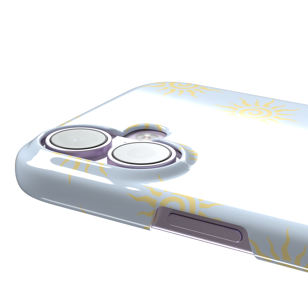 Sunkissed phone case color variant with golden yellow tribal spiral suns on a soft powder blue background, phone case by Caselier — snap case, volume buttons detail