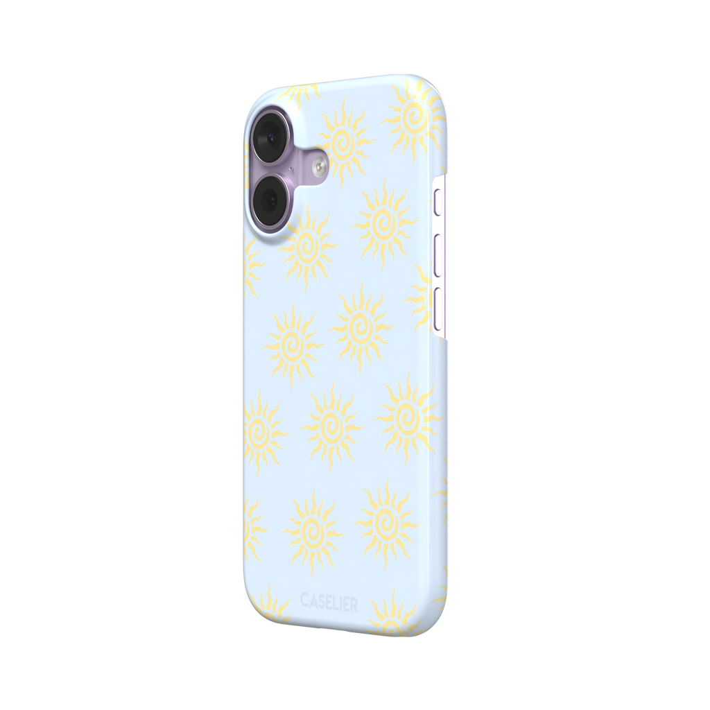 Sunkissed phone case color variant with golden yellow tribal spiral suns on a soft powder blue background, phone case by Caselier — snap case, right view