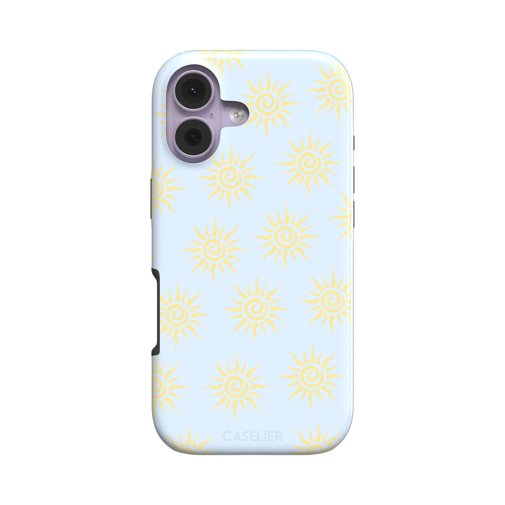 Sunkissed phone case color variant with golden yellow tribal spiral suns on a soft powder blue background, phone case by Caselier — tough case, front view
