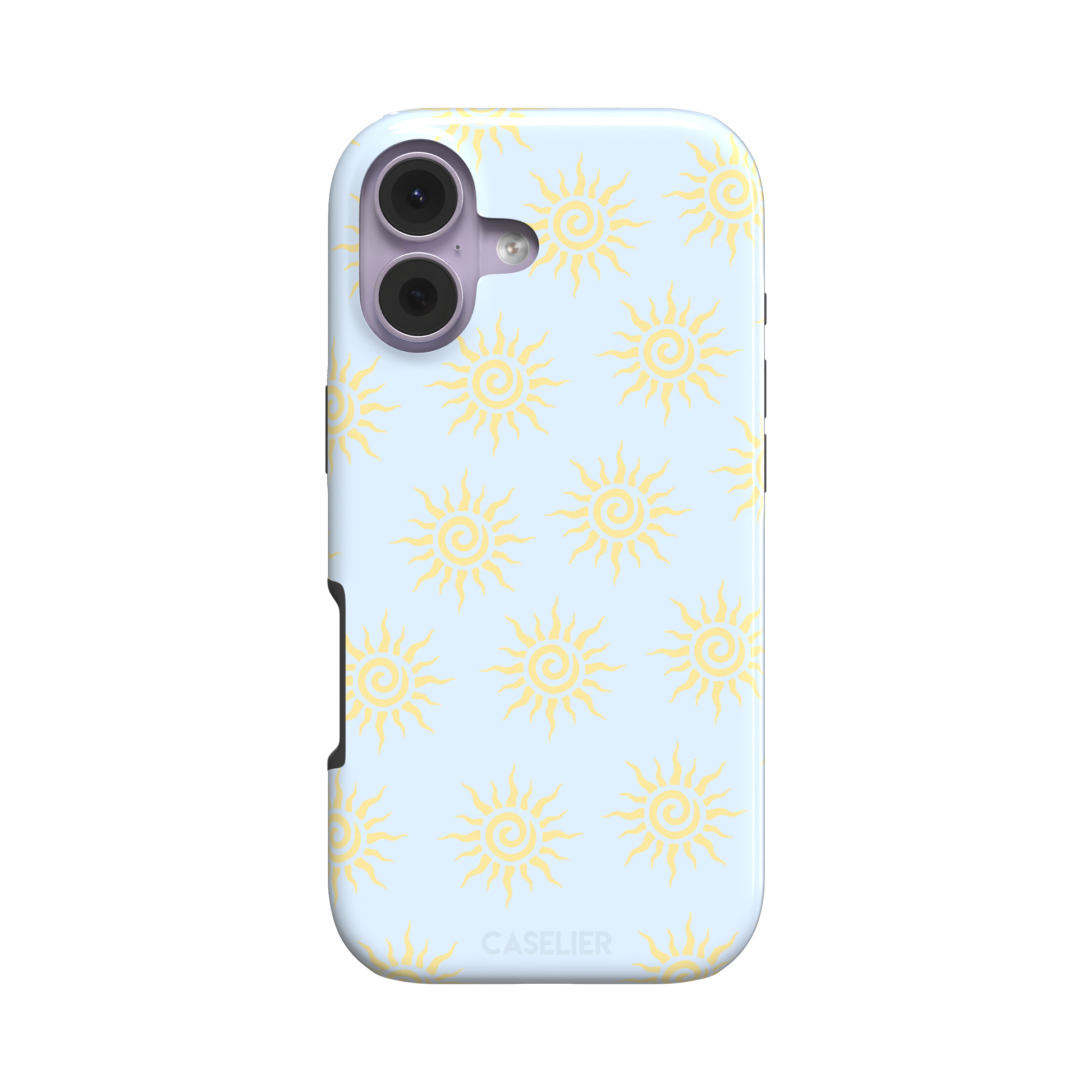Sunkissed phone case color variant with golden yellow tribal spiral suns on a soft powder blue background, phone case by Caselier — tough case, front view