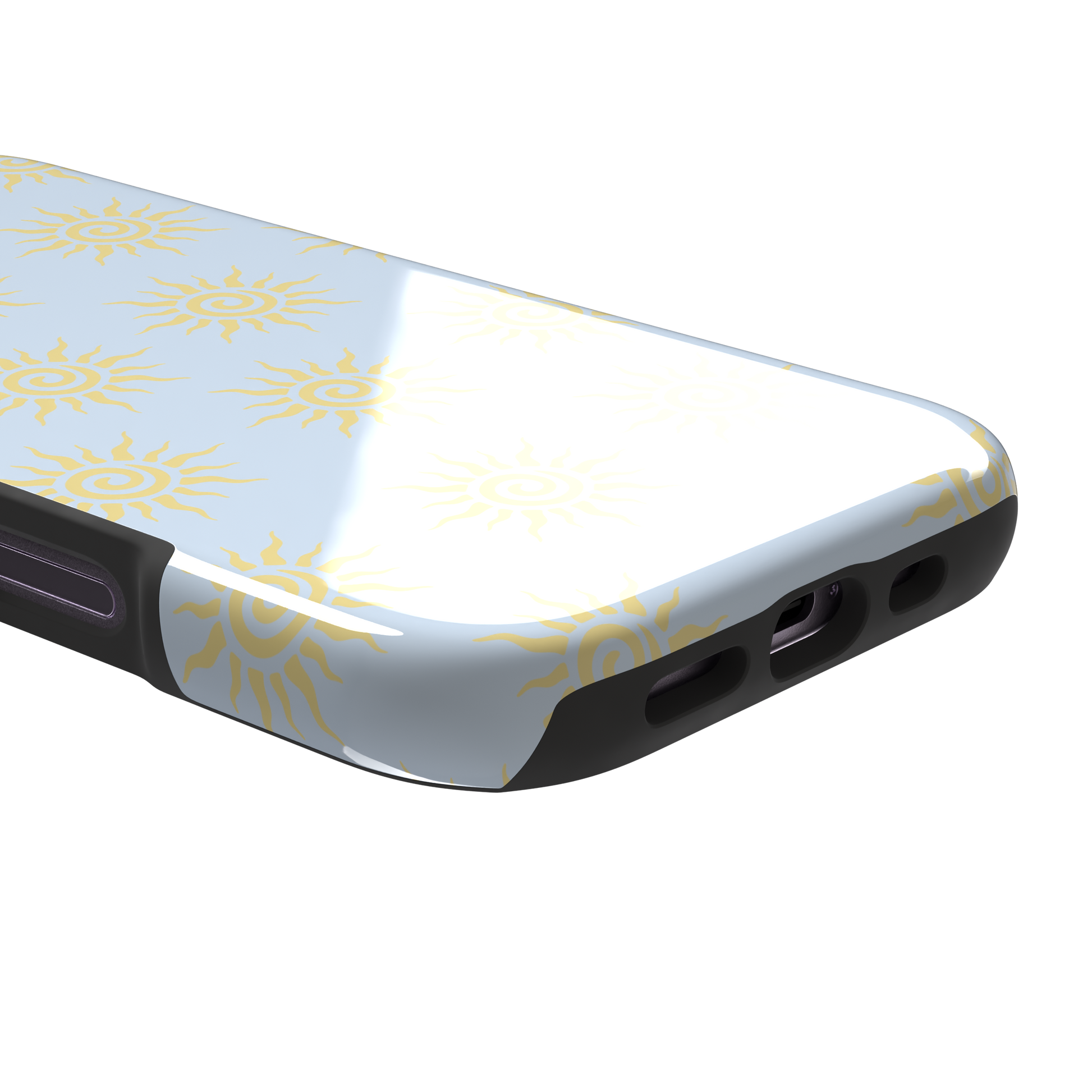 Sunkissed phone case color variant with golden yellow tribal spiral suns on a soft powder blue background, phone case by Caselier — tough case, charging port detail